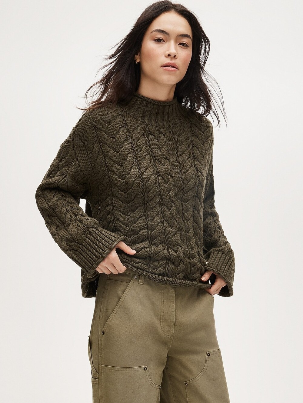 J. Crew Olive Green Cable Knit Turtleneck Sweater